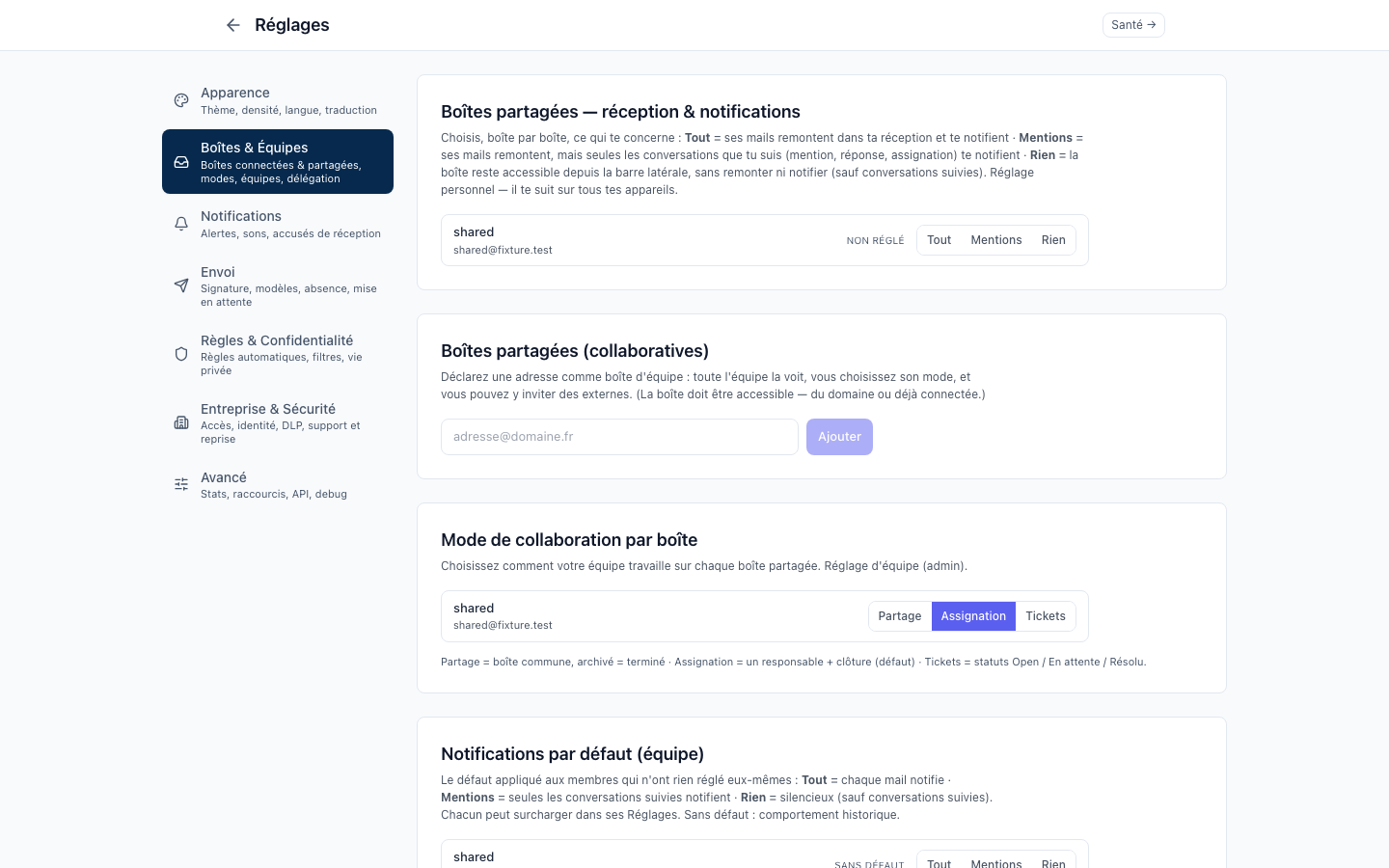 Les réglages Boîtes & Équipes : réception et notifications par boîte, et déclaration d'une adresse en boîte partagée