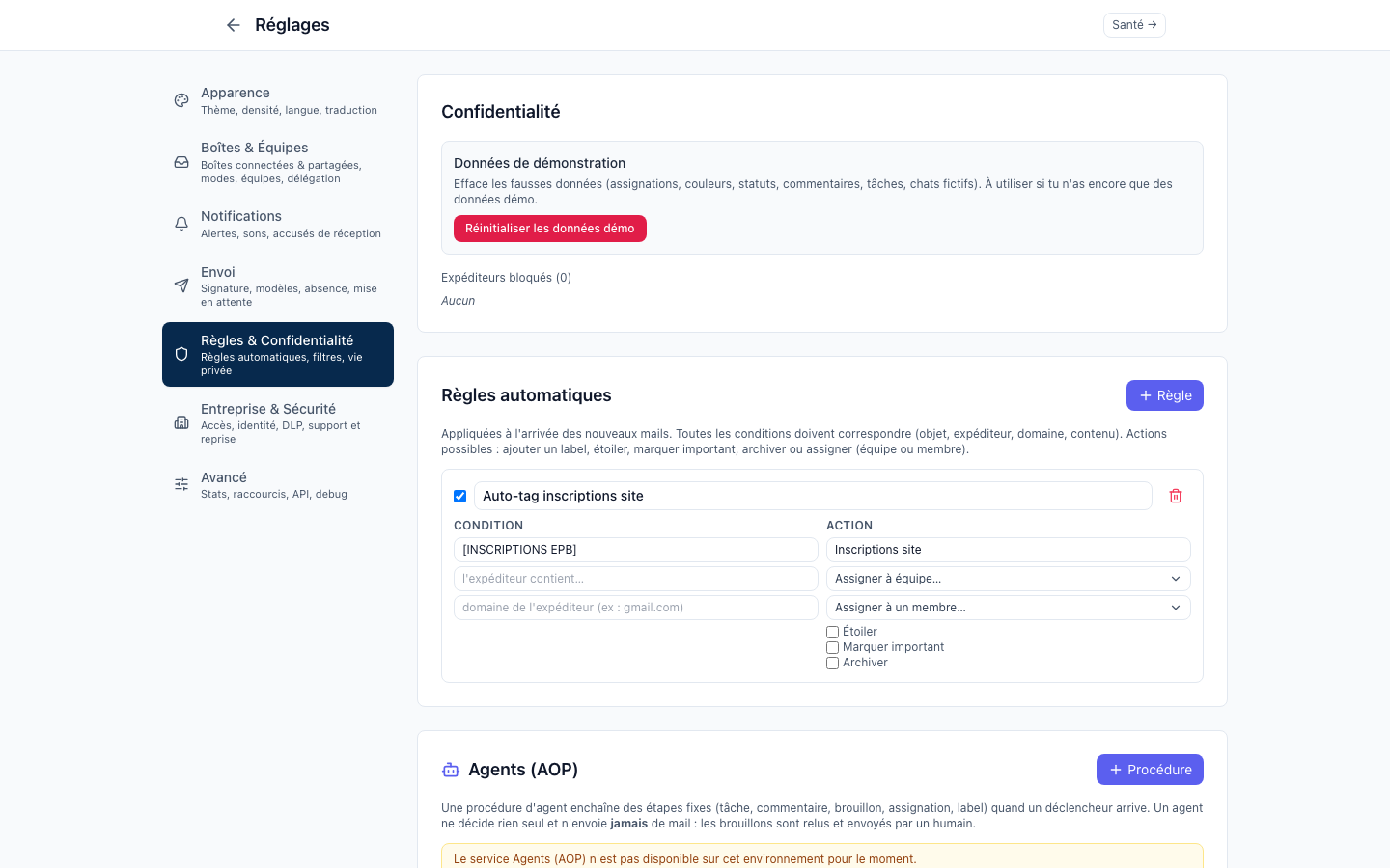 Le formulaire de règle automatique dans Réglages → Règles : condition (objet, expéditeur, domaine) et action (label, assignation, archivage)